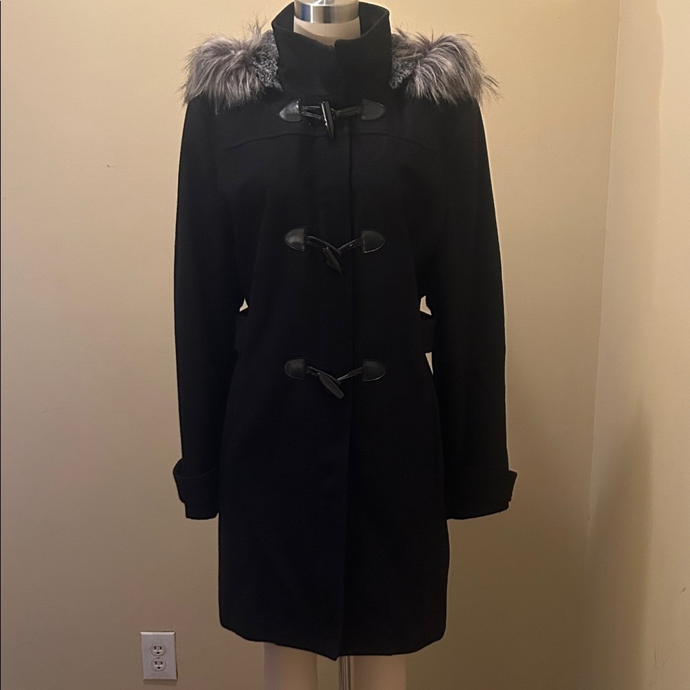 Nautica Black Trench Coat with Faux Fur Hood